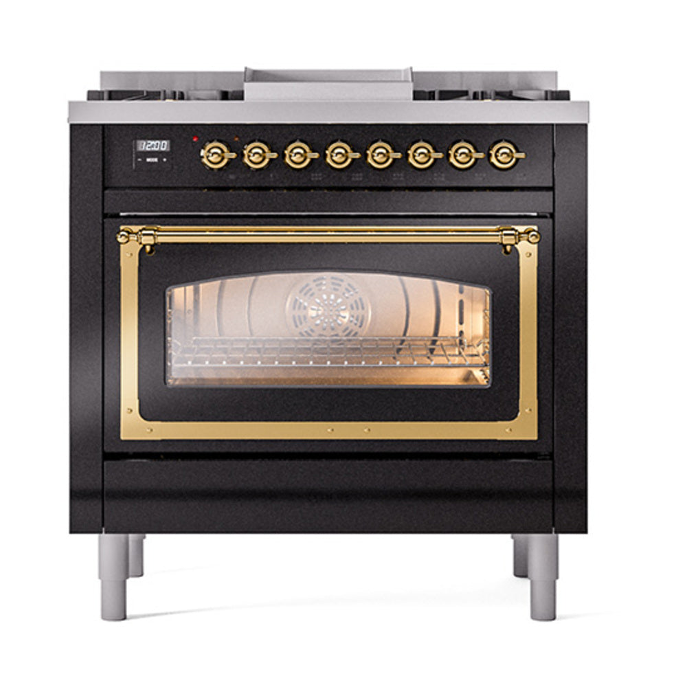ILVE Nostalgie II Noblesse 36-Inch Propane Dual Fuel Range, Triple Glass Door, Glossy Black with Brass Trim (UN36FNMPBKGLP)
