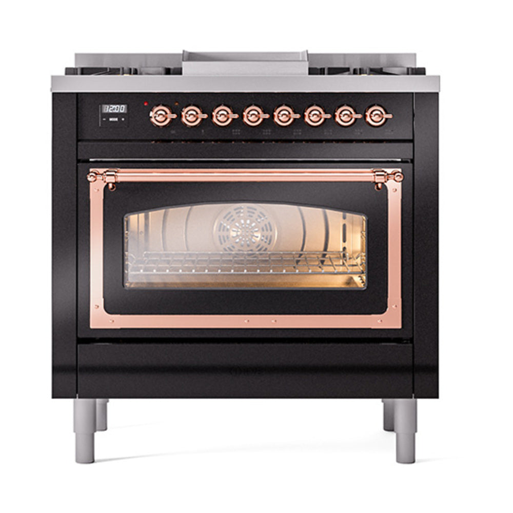 ILVE Nostalgie II Noblesse 36-Inch Propane Gas Dual Fuel Range and Triple Glass Door in Glossy Black with Copper Trim (UN36FNMPBKPLP)