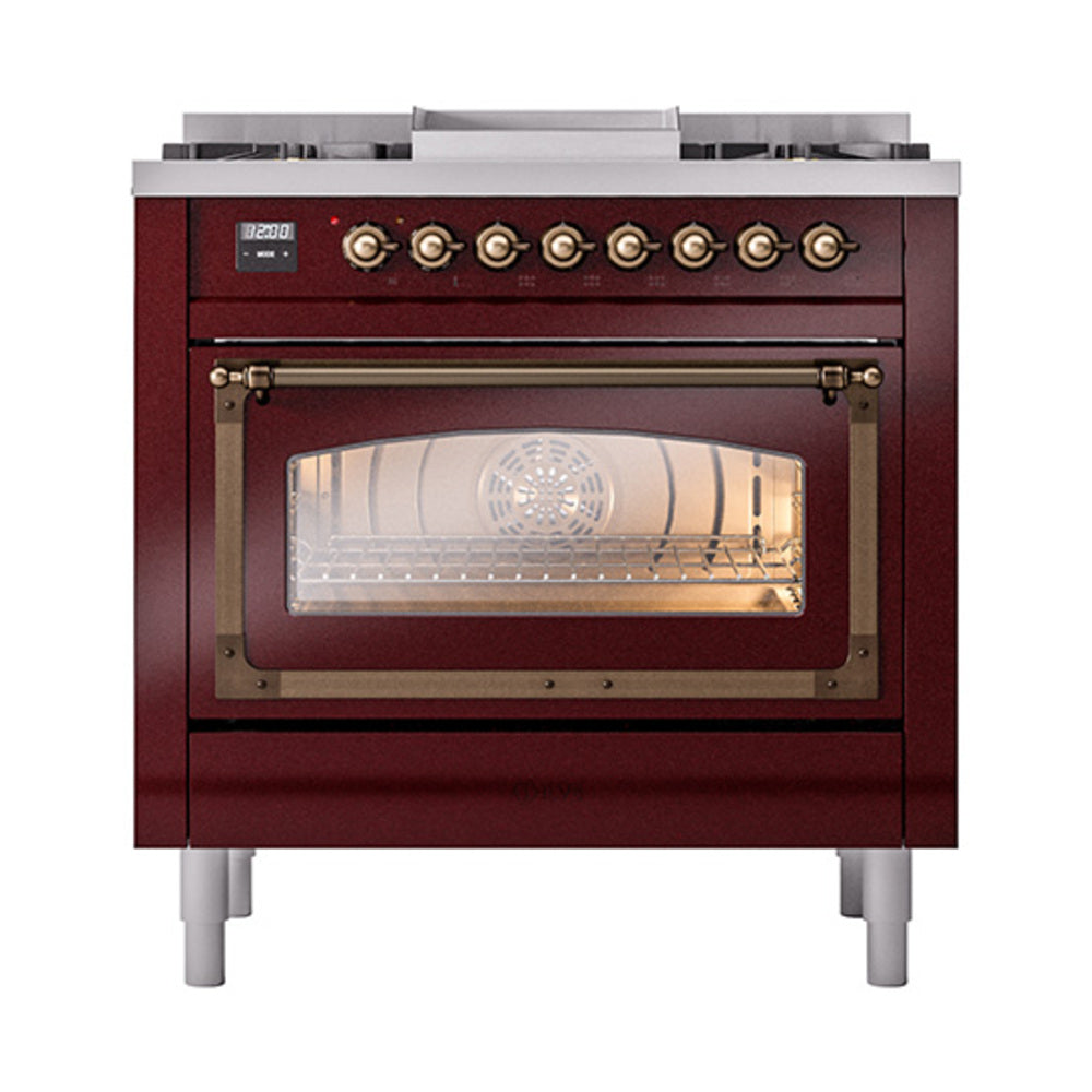 ILVE Nostalgie II Noblesse 36-Inch Propane Dual Fuel Range, Triple Glass Door, Burgundy with Burnished Bronze Trim (UN36FNMPBUBLP)