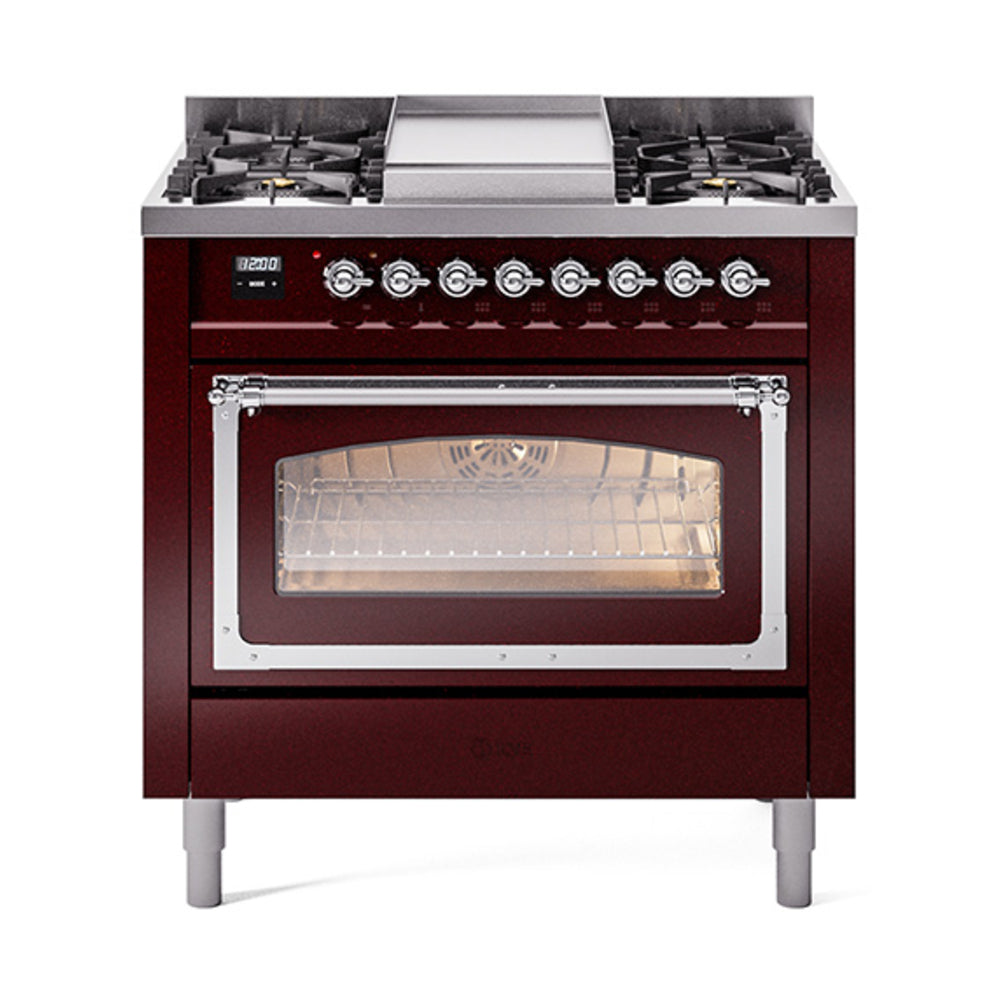 ILVE Nostalgie II Noblesse 36-Inch Natural Gas Dual Fuel Range and Triple Glass Door in Burgundy with Chrome Trim (UN36FNMPBUC)