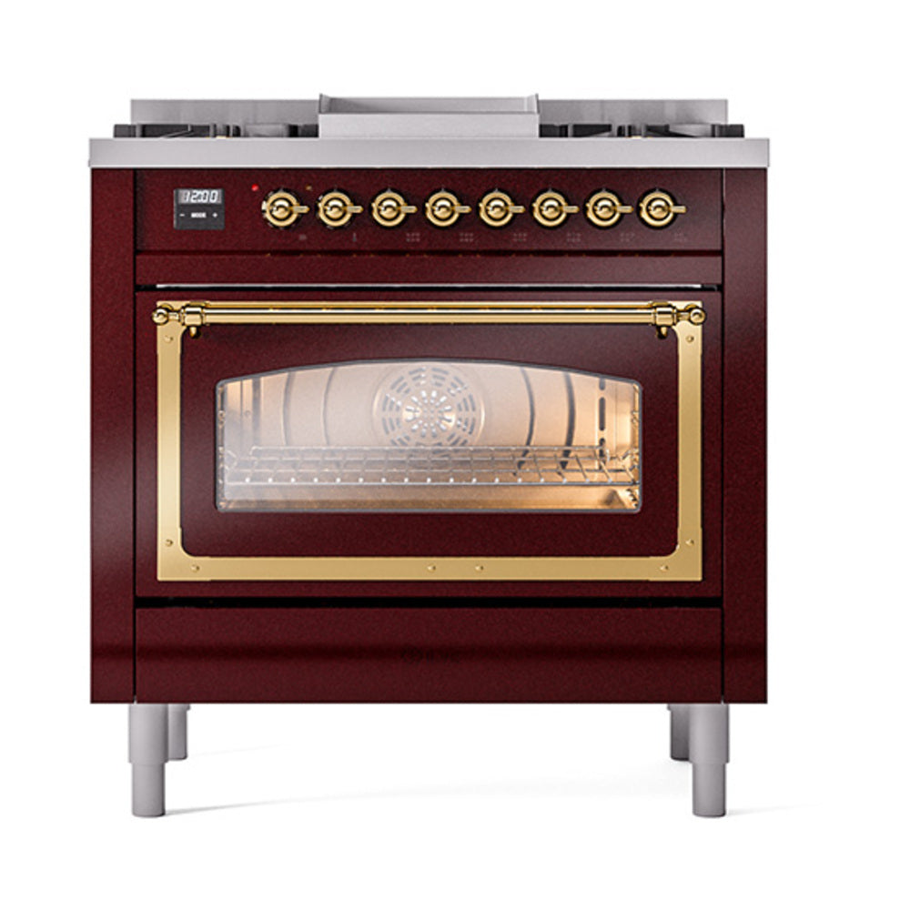ILVE Nostalgie II Noblesse 36-Inch Propane Gas Dual Fuel Range and Triple Glass Door in Burgundy with Brass Trim (UN36FNMPBUGLP)