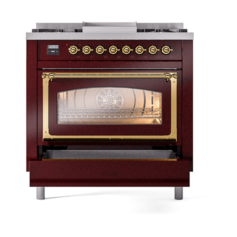 ILVE Nostalgie II Noblesse 36-Inch Propane Gas Dual Fuel Range and Triple Glass Door in Burgundy with Brass Trim (UN36FNMPBUGLP)