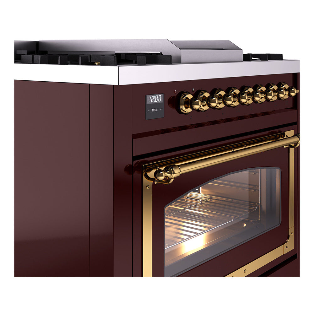 ILVE Nostalgie II Noblesse 36-Inch Propane Gas Dual Fuel Range and Triple Glass Door in Burgundy with Brass Trim (UN36FNMPBUGLP)