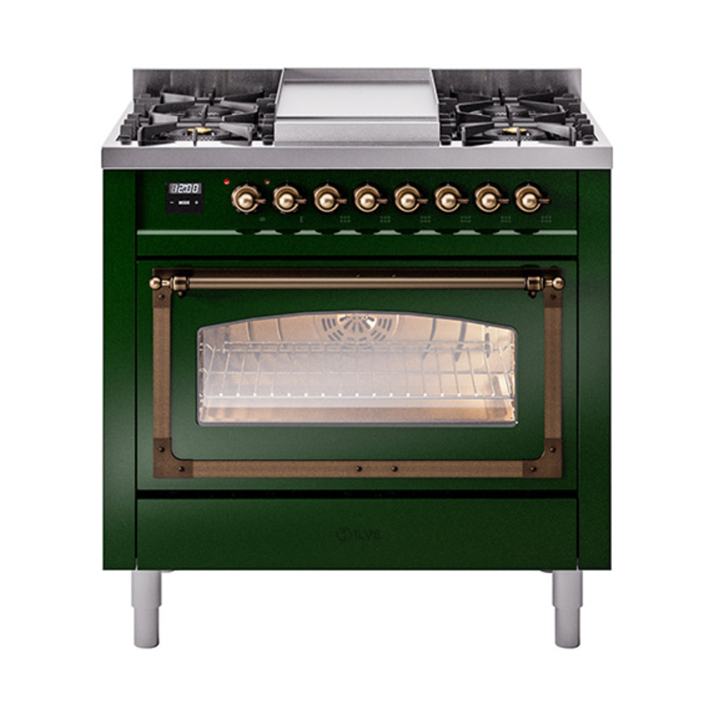 ILVE Nostalgie II Noblesse 36-Inch Natural Gas Dual Fuel Range and Triple Glass Door in Emerald Green with Burnished Bronze Trim (UN36FNMPEGB)