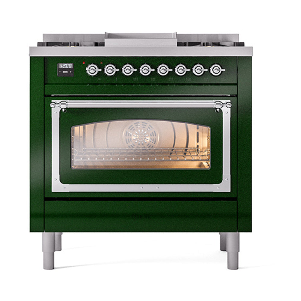 ILVE Nostalgie II Noblesse 36-Inch Natural Gas Dual Fuel Range and Triple Glass Door in Emerald Green with Chrome Trim (UN36FNMPEGC)