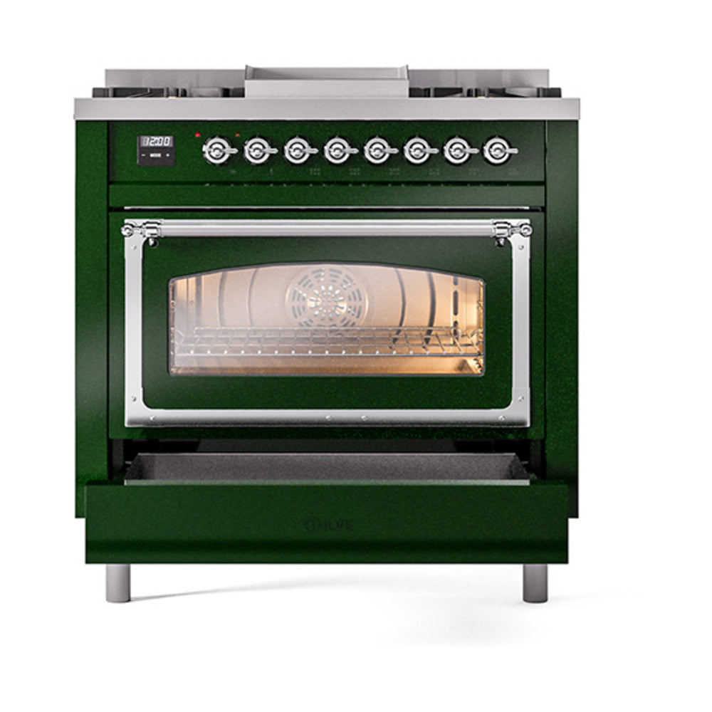 ILVE Nostalgie II Noblesse 36-Inch Natural Gas Dual Fuel Range and Triple Glass Door in Emerald Green with Chrome Trim (UN36FNMPEGC)
