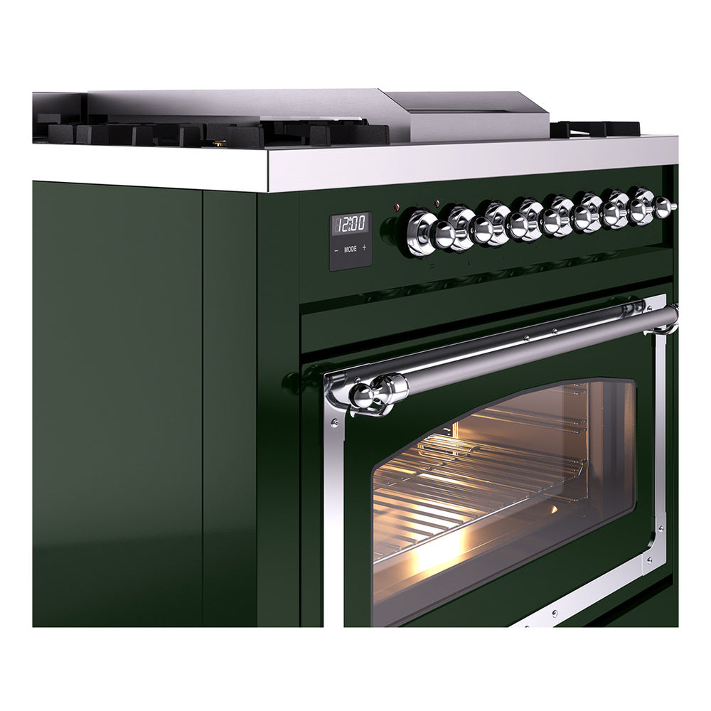 ILVE Nostalgie II Noblesse 36-Inch Propane Gas Dual Fuel Range and Triple Glass Door in Emerald Green with Chrome Trim (UN36FNMPEGCLP)