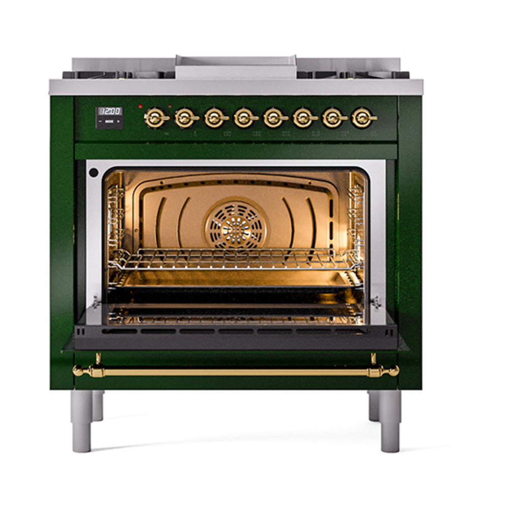 ILVE Nostalgie II Noblesse 36-Inch Propane Gas Dual Fuel Range and Triple Glass Door in Emerald Green with Brass Trim (UN36FNMPEGGLP)