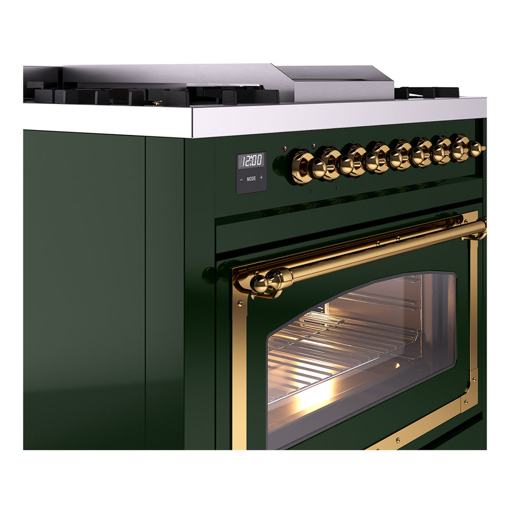ILVE Nostalgie II Noblesse 36-Inch Propane Gas Dual Fuel Range and Triple Glass Door in Emerald Green with Brass Trim (UN36FNMPEGGLP)