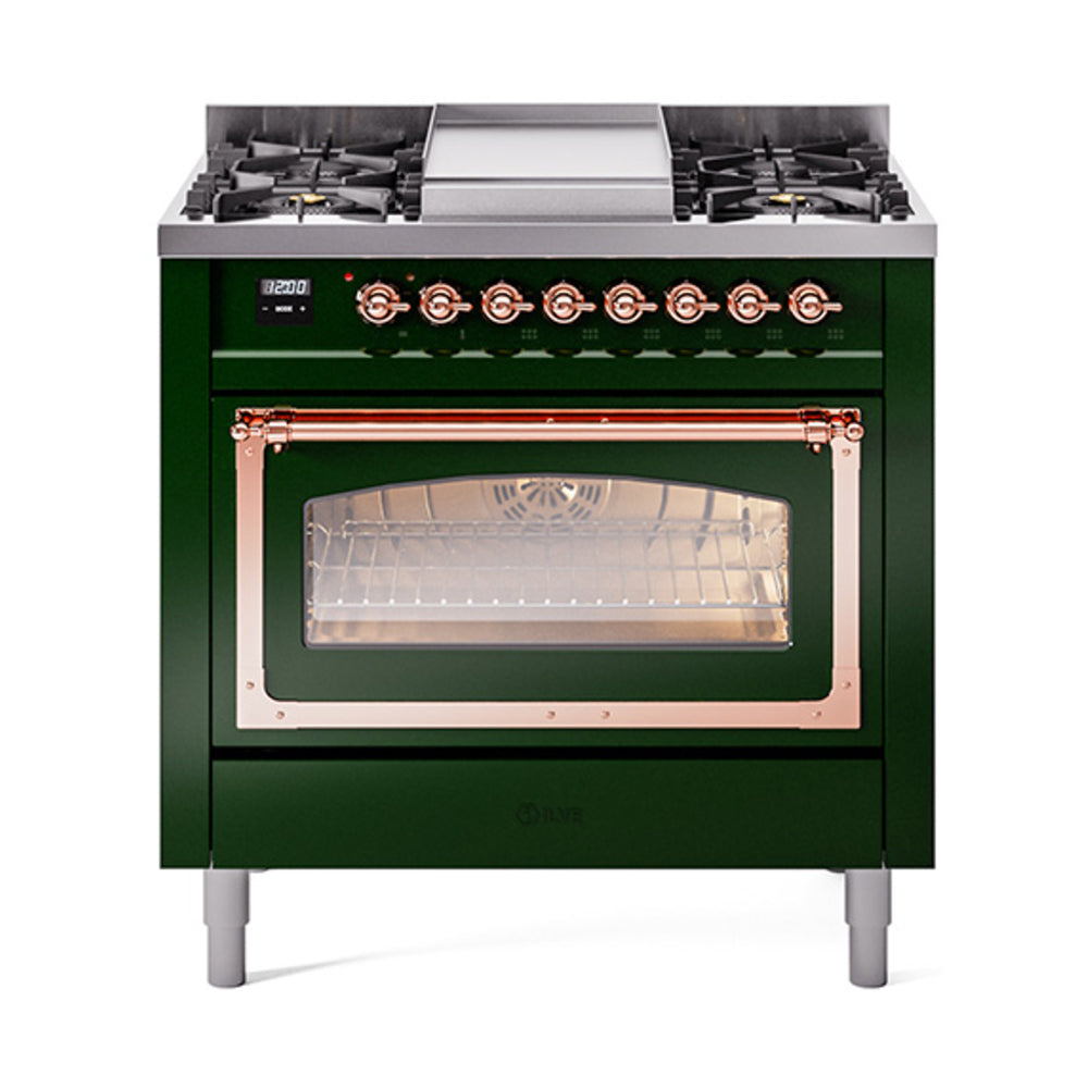 ILVE Nostalgie II Noblesse 36-Inch Natural Gas Dual Fuel Range and Triple Glass Door in Emerald Green with Copper Trim (UN36FNMPEGP)
