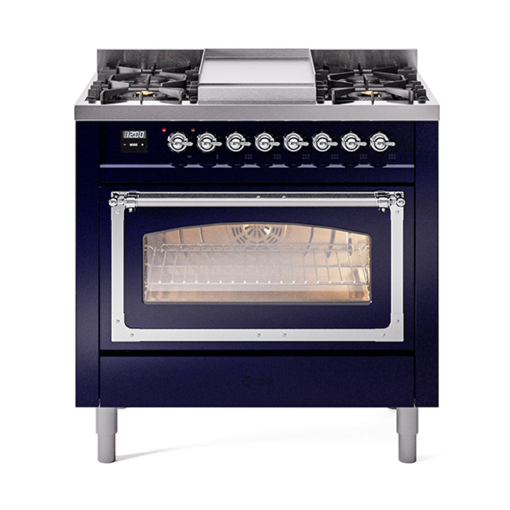 ILVE Nostalgie II Noblesse 36-Inch Natural Gas Dual Fuel Range and Triple Glass Door in Midnight Blue with Chrome Trim (UN36FNMPMBC)