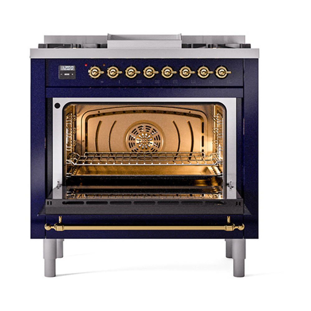 ILVE Nostalgie II Noblesse 36-Inch Natural Gas Dual Fuel Range and Triple Glass Door in Midnight Blue with Brass Trim (UN36FNMPMBG)