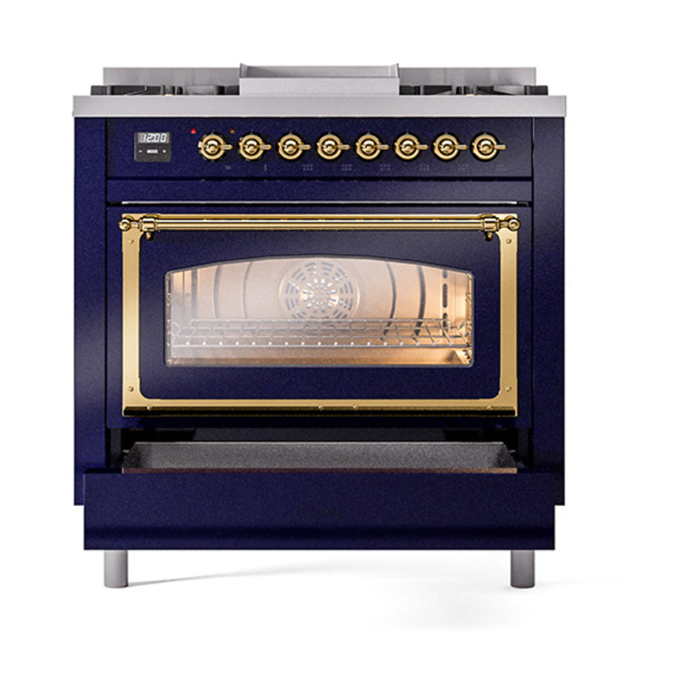 ILVE Nostalgie II Noblesse 36-Inch Natural Gas Dual Fuel Range and Triple Glass Door in Midnight Blue with Brass Trim (UN36FNMPMBG)