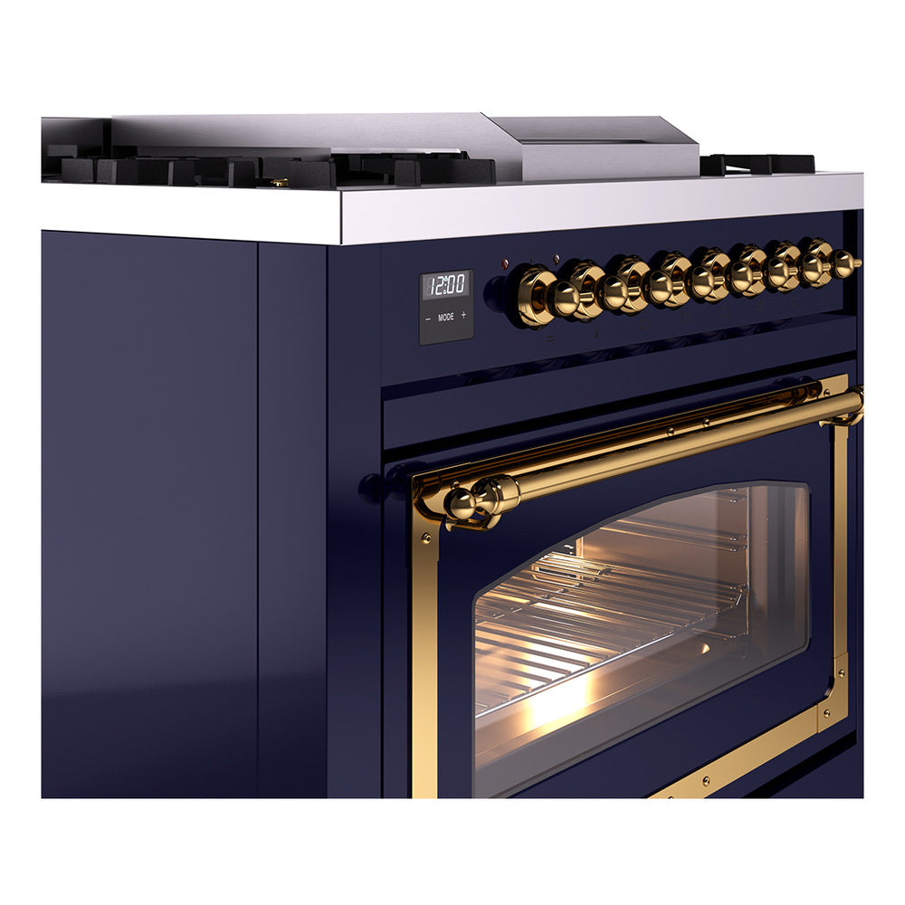 ILVE Nostalgie II Noblesse 36-Inch Natural Gas Dual Fuel Range and Triple Glass Door in Midnight Blue with Brass Trim (UN36FNMPMBG)