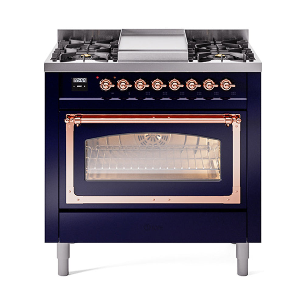 ILVE Nostalgie II Noblesse 36-Inch Natural Gas Dual Fuel Range and Triple Glass Door in Midnight Blue with Copper Trim (UN36FNMPMBP)