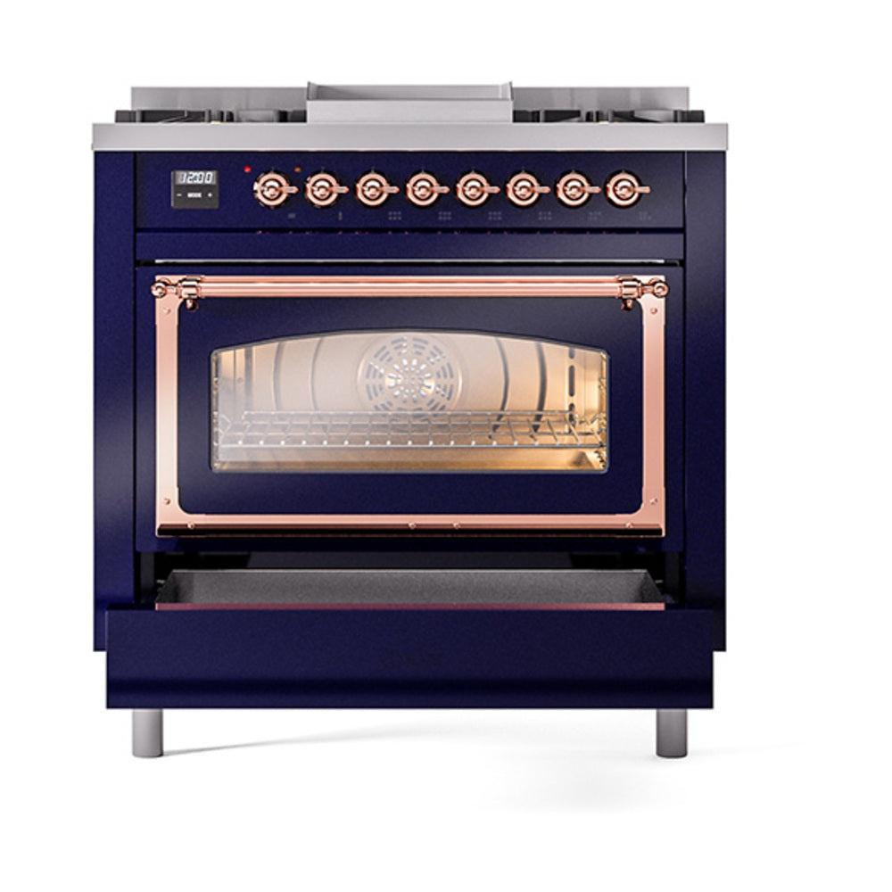 ILVE Nostalgie II Noblesse 36-Inch Natural Gas Dual Fuel Range and Triple Glass Door in Midnight Blue with Copper Trim (UN36FNMPMBP)