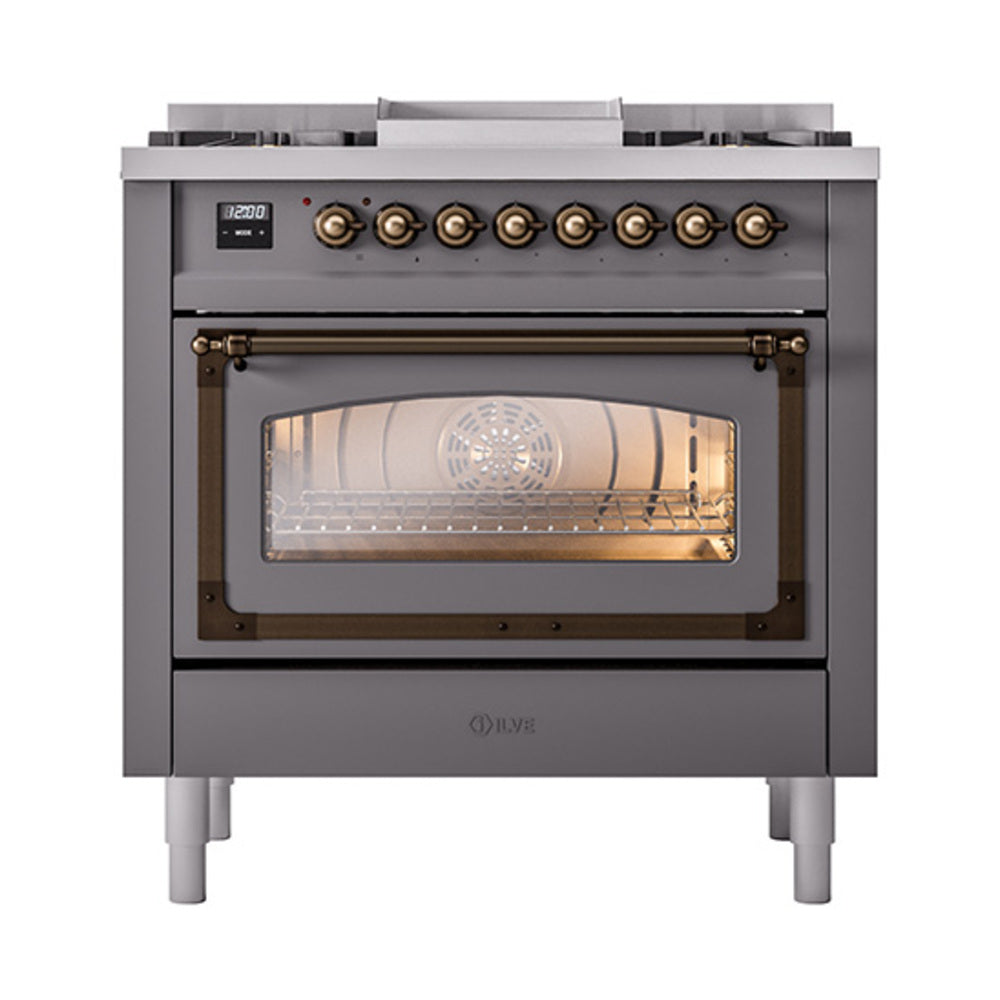 ILVE Nostalgie II Noblesse 36-Inch Natural Gas Dual Fuel Range and Triple Glass Door in Matte Graphite with Burnished Bronze Trim (UN36FNMPMGB)