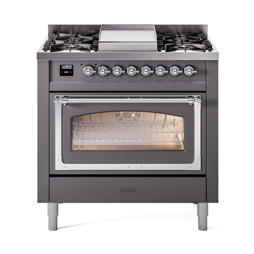 ILVE Nostalgie II Noblesse 36-Inch Natural Gas Dual Fuel Range, Triple Glass Door Oven, Matte Graphite with Chrome Trim (UN36FNMPMGC)