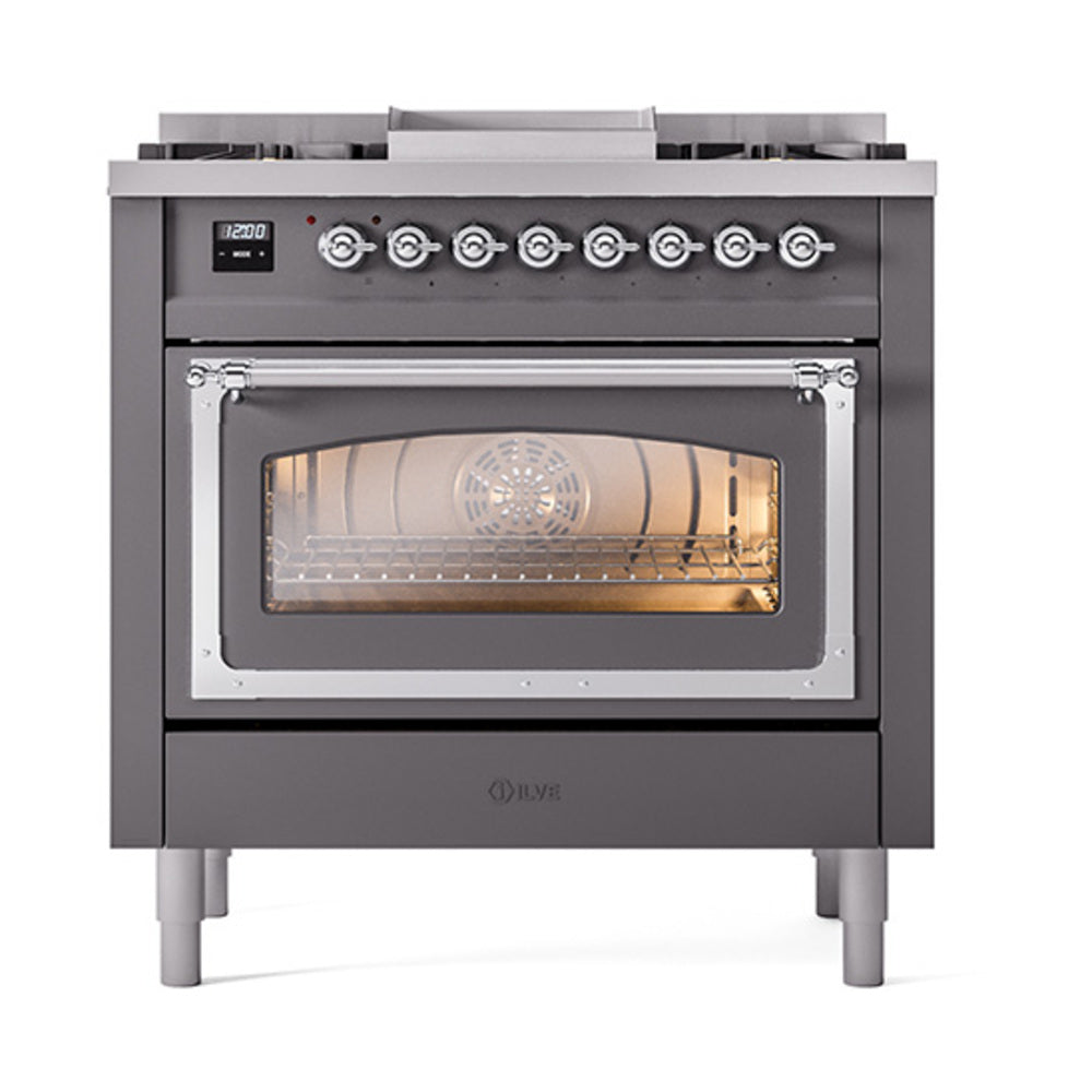ILVE Nostalgie II Noblesse 36-Inch Propane Gas Dual Fuel Range and Triple Glass Door in Matte Graphite with Chrome Trim (UN36FNMPMGCLP)