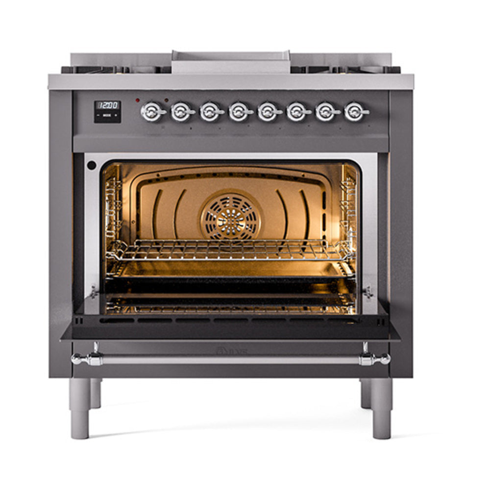 ILVE Nostalgie II Noblesse 36-Inch Propane Gas Dual Fuel Range and Triple Glass Door in Matte Graphite with Chrome Trim (UN36FNMPMGCLP)