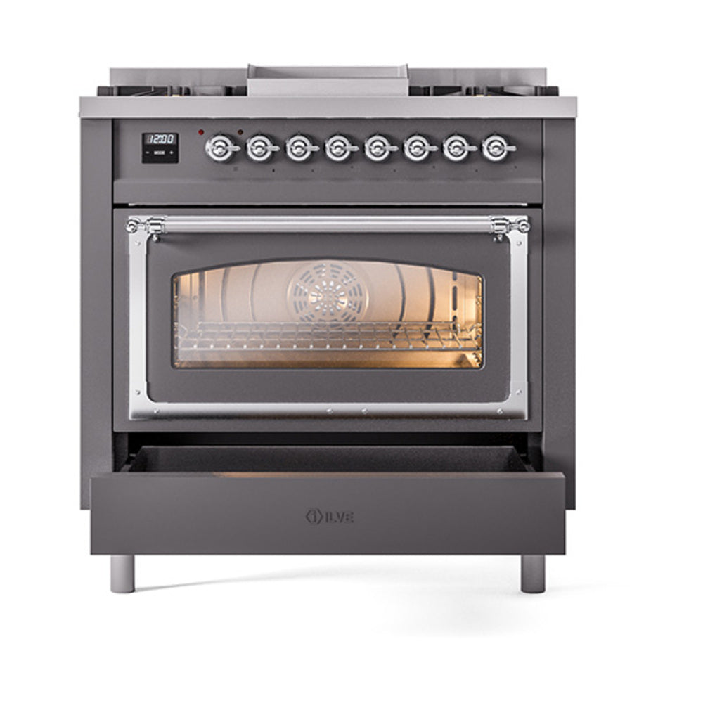 ILVE Nostalgie II Noblesse 36-Inch Propane Gas Dual Fuel Range and Triple Glass Door in Matte Graphite with Chrome Trim (UN36FNMPMGCLP)