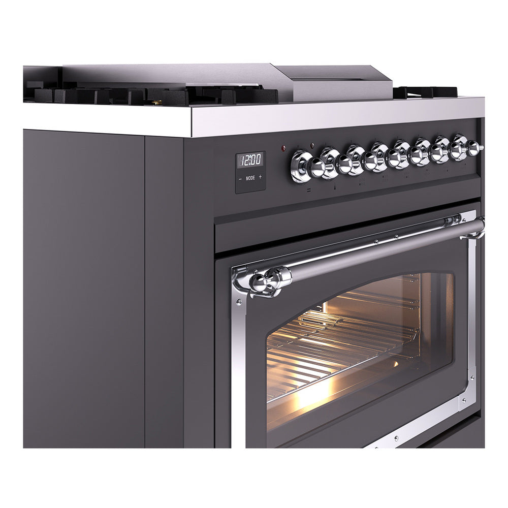 ILVE Nostalgie II Noblesse 36-Inch Propane Gas Dual Fuel Range and Triple Glass Door in Matte Graphite with Chrome Trim (UN36FNMPMGCLP)