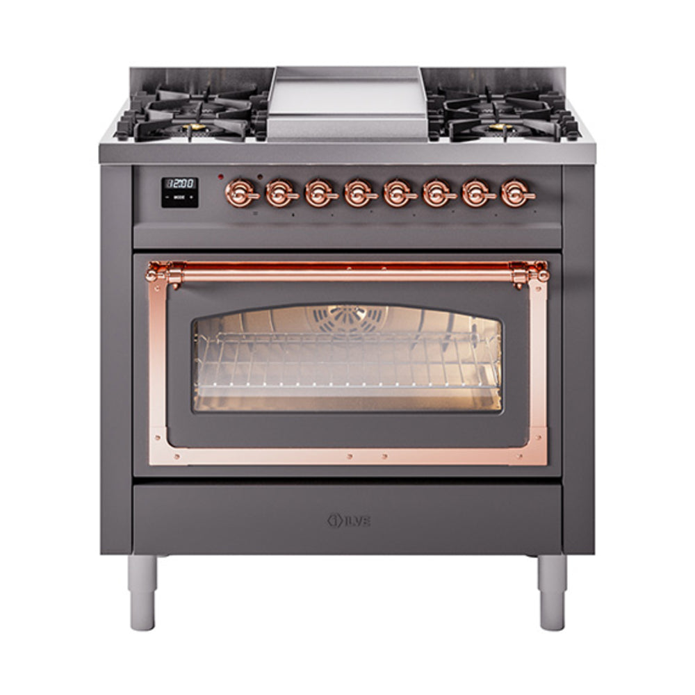 ILVE Nostalgie II Noblesse 36-Inch Natural Gas Dual Fuel Range and Triple Glass Door in Matte Graphite with Copper Trim (UN36FNMPMGP)