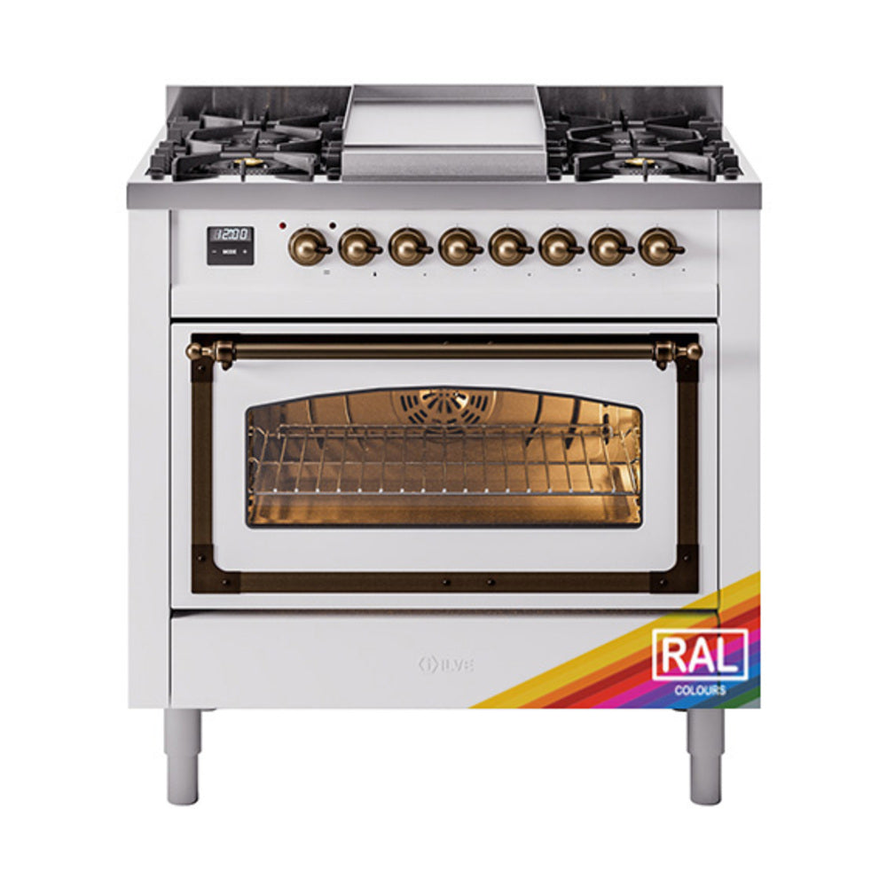 ILVE Nostalgie II Noblesse 36-Inch Propane Gas Dual Fuel Range and Triple Glass Door in Custom RAL with Burnished Bronze Trim (UN36FNMPRABLP)