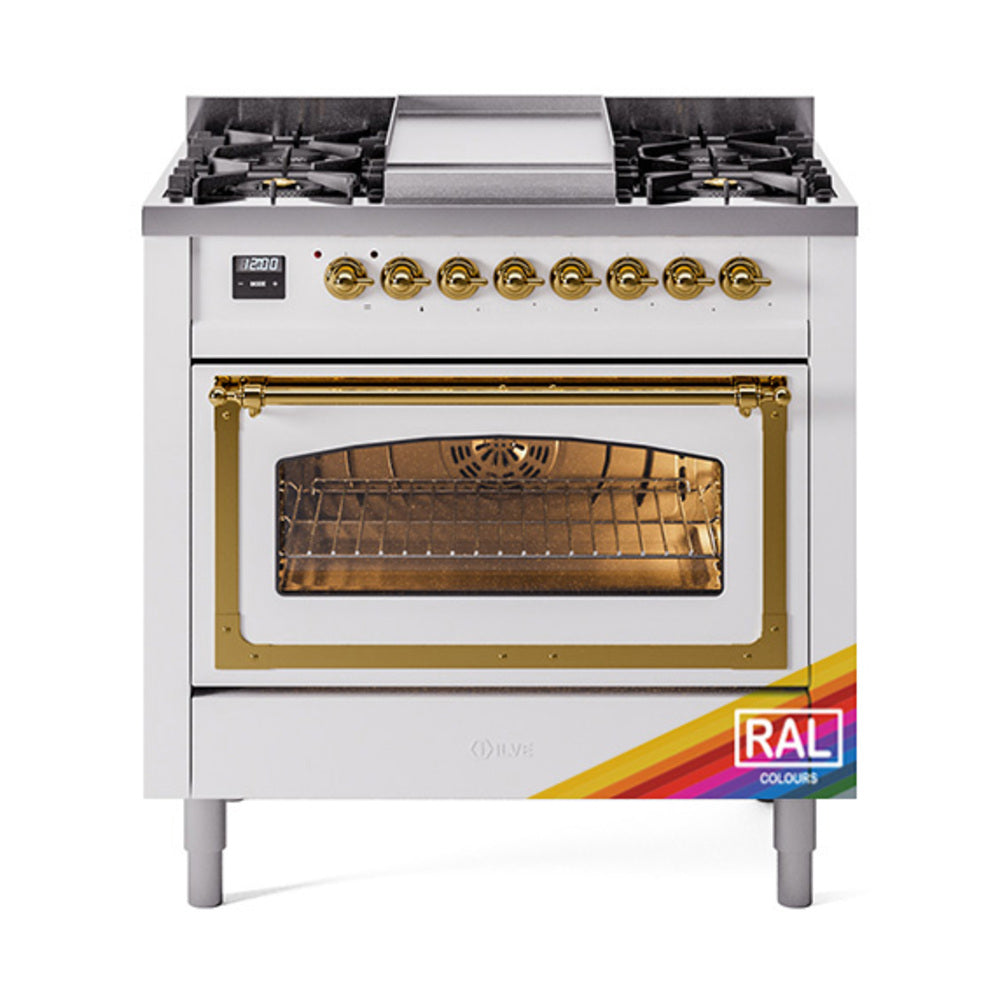 ILVE Nostalgie II Noblesse 36-Inch Propane Gas Dual Fuel Range and Triple Glass Door in RAL with Brass Trim (UN36FNMPRAGLP)