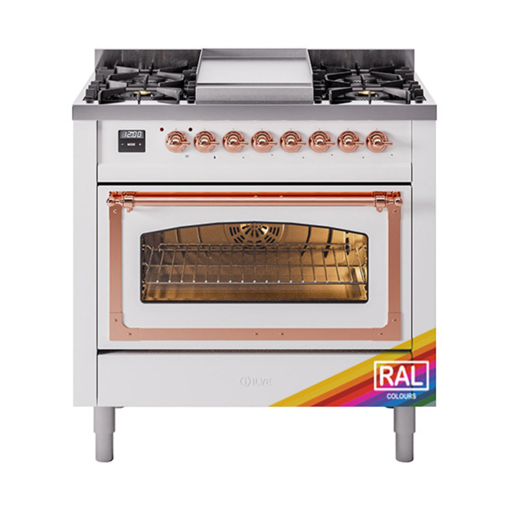 ILVE Nostalgie II Noblesse 36-Inch Propane Gas Dual Fuel Range and Triple Glass Door in Custom RAL with Copper Trim (UN36FNMPRAPLP)