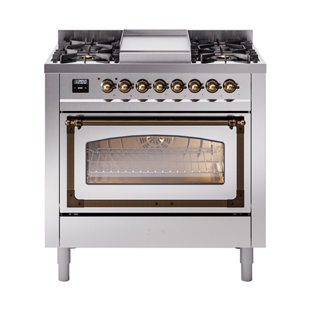 ILVE Nostalgie II Noblesse 36-Inch Propane Gas Dual Fuel Range and Triple Glass Door in Stainless Steel with Burnished Bronze Trim (UN36FNMPSSBLP)