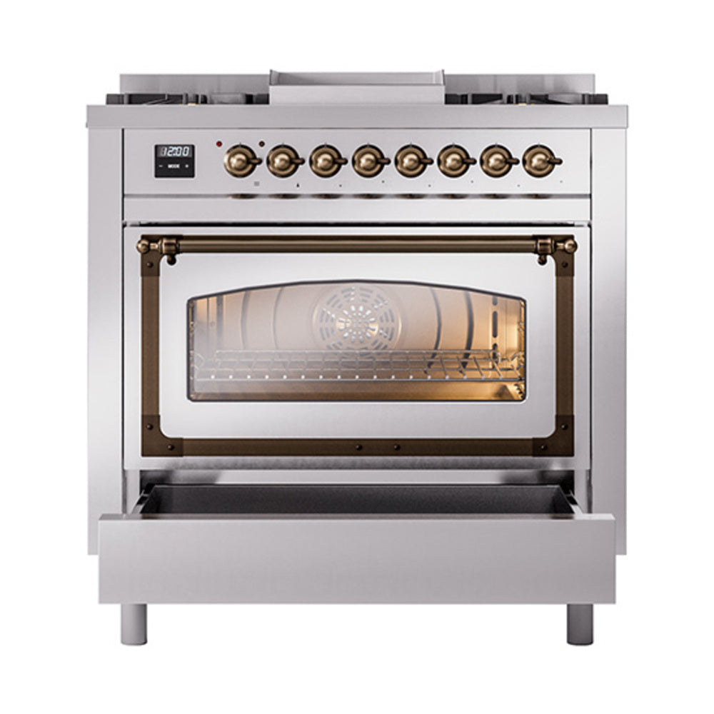 ILVE Nostalgie II Noblesse 36-Inch Natural Gas Dual Fuel Range and Triple Glass Door in Stainless Steel with Burnished Bronze Trim (UN36FNMPSSB)