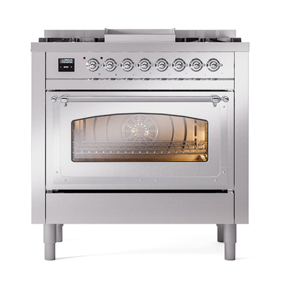 ILVE Nostalgie II Noblesse 36-Inch Propane Gas Dual Fuel Range and Triple Glass Door in Stainless Steel with Chrome Trim (UN36FNMPSSCLP)