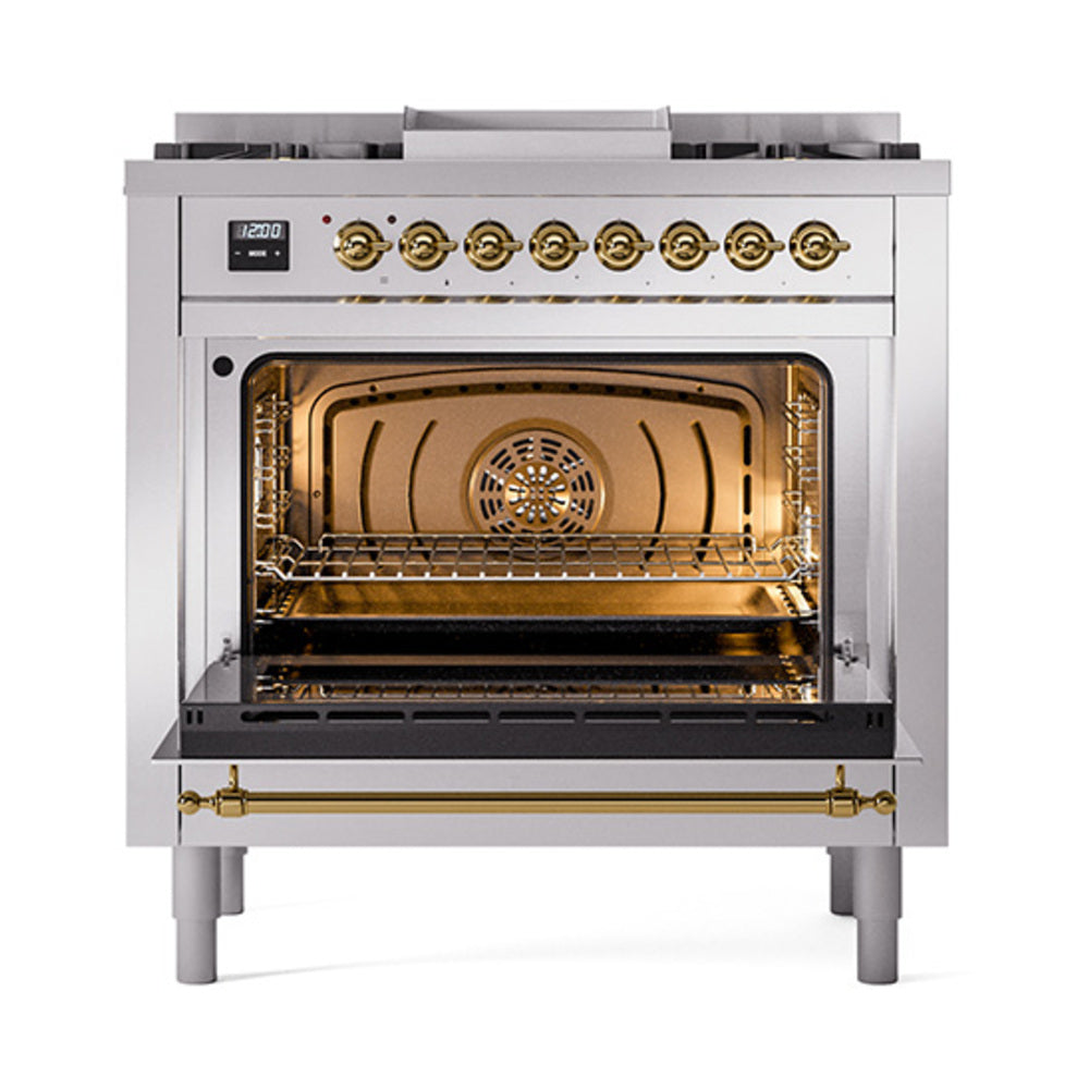 ILVE Nostalgie II Noblesse 36-Inch Natural Gas Dual Fuel Range and Triple Glass Door in Stainless Steel with Brass Trim (UN36FNMPSSG)