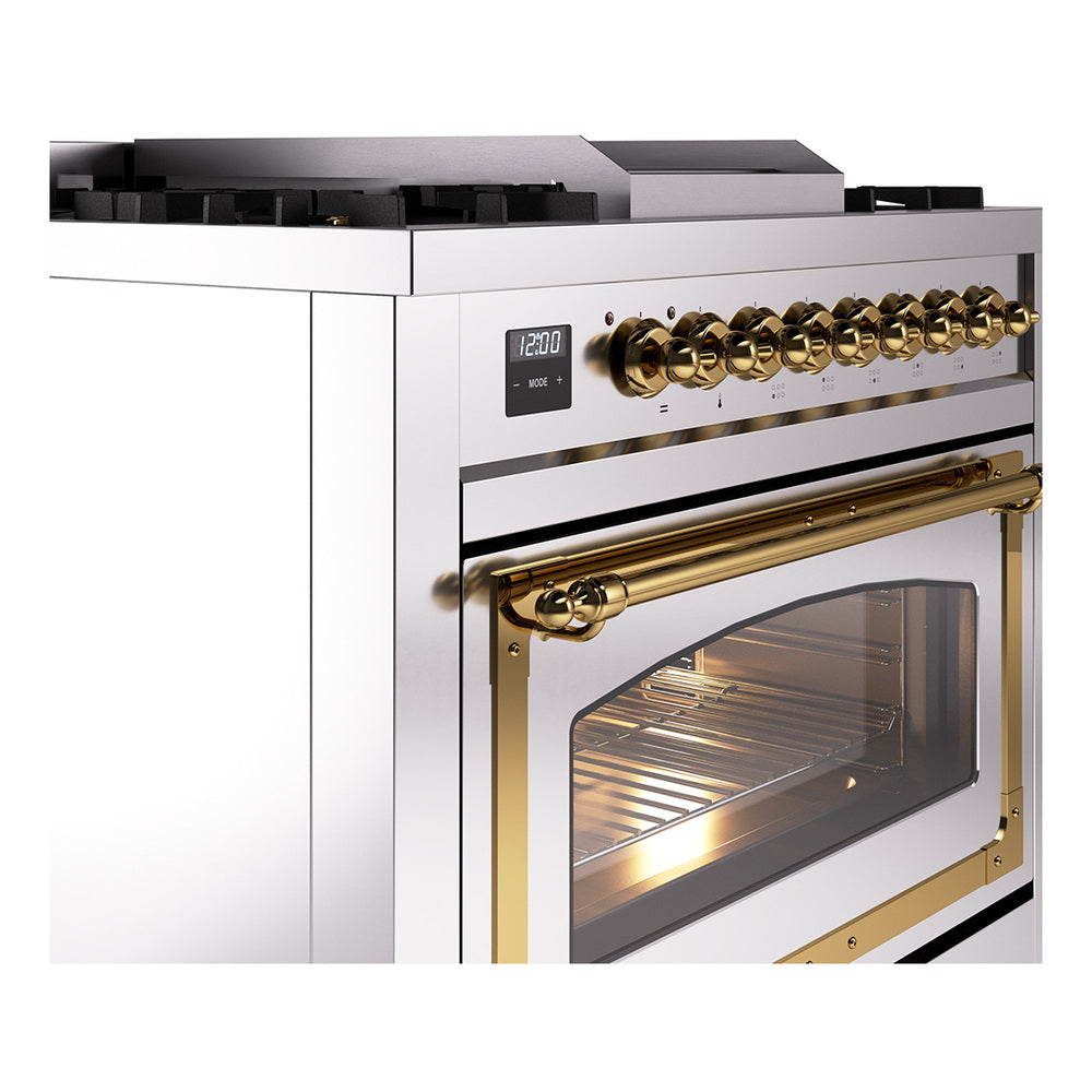 ILVE Nostalgie II Noblesse 36-Inch Natural Gas Dual Fuel Range and Triple Glass Door in Stainless Steel with Brass Trim (UN36FNMPSSG)