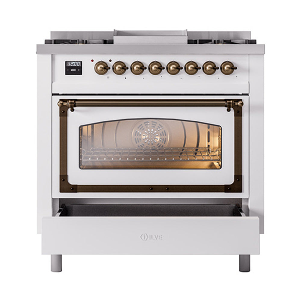ILVE Nostalgie II Noblesse 36-Inch Natural Gas Dual Fuel Range and Triple Glass Door in White with Burnished Bronze Trim (UN36FNMPWHB)