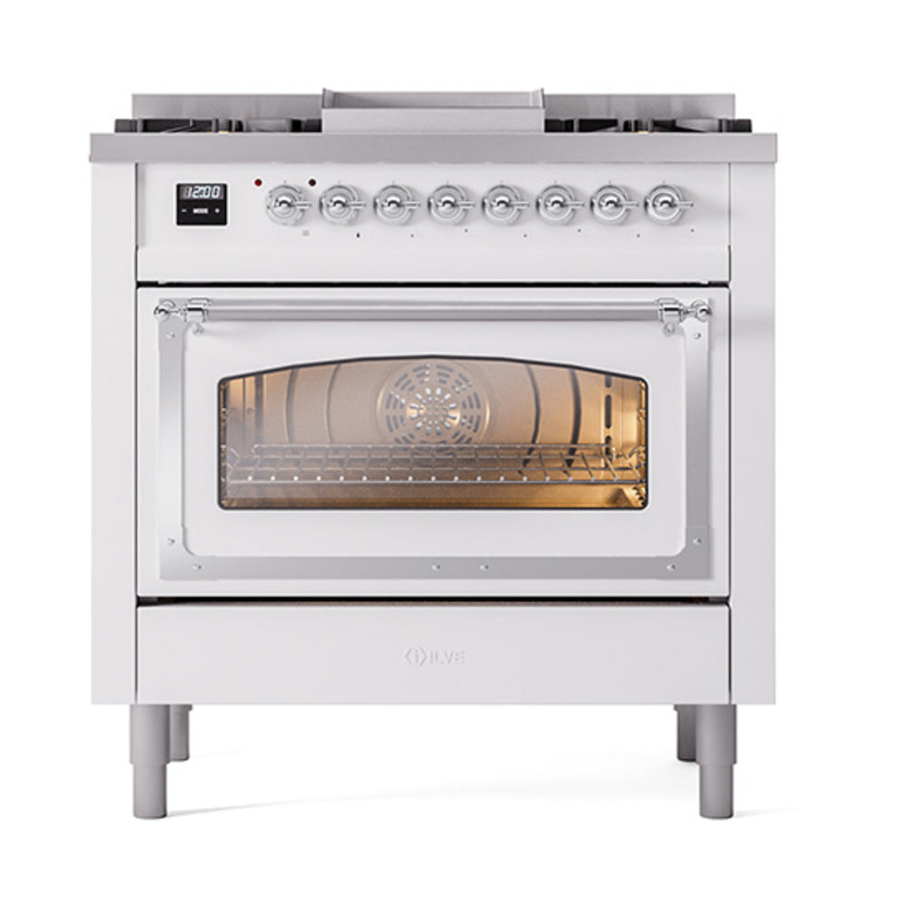 ILVE Nostalgie II Noblesse 36-Inch Propane Gas Dual Fuel Range and Triple Glass Door in White with Chrome Trim (UN36FNMPWHCLP)