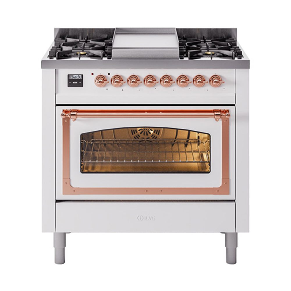 ILVE Nostalgie II Noblesse 36-Inch Natural Gas Dual Fuel Range and Triple Glass Door in White with Copper Trim (UN36FNMPWHP)