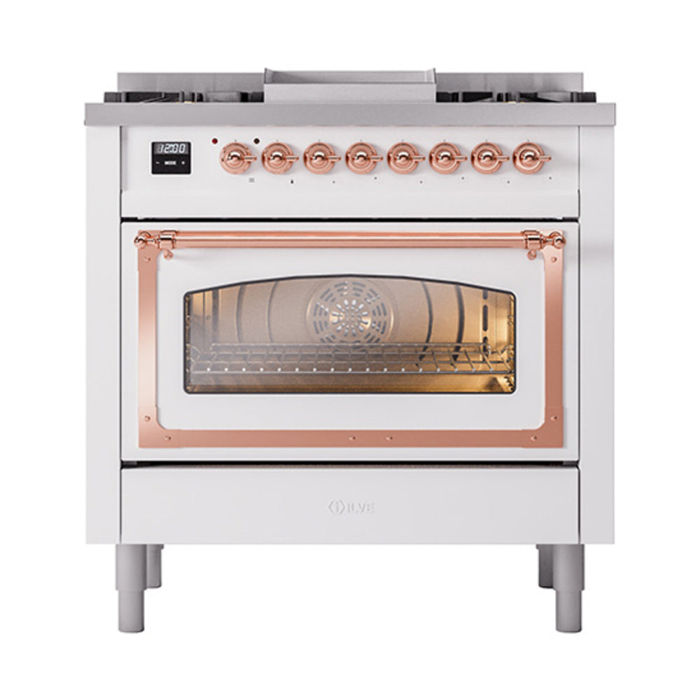 ILVE Nostalgie II Noblesse 36-Inch Propane Gas Dual Fuel Range and Triple Glass Door in White with Copper Trim (UN36FNMPWHPLP)