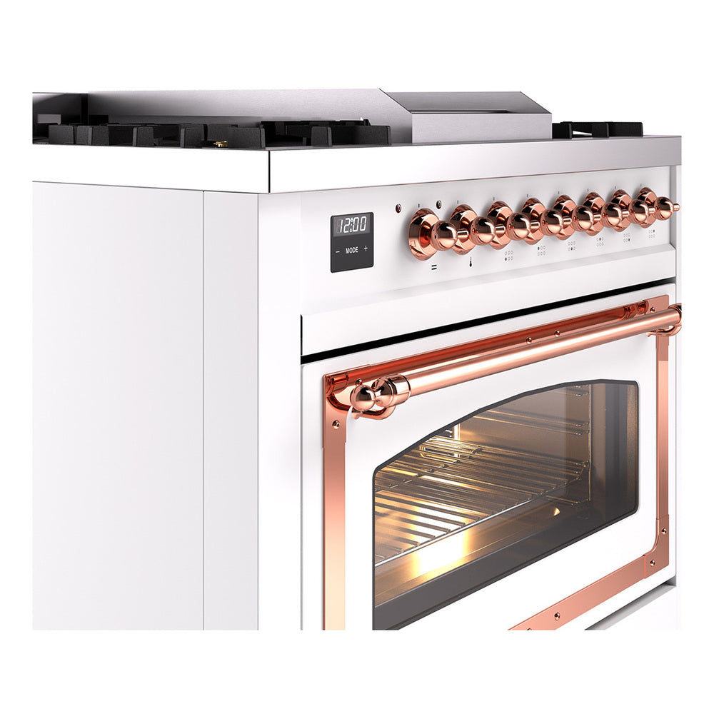 ILVE Nostalgie II Noblesse 36-Inch Propane Gas Dual Fuel Range and Triple Glass Door in White with Copper Trim (UN36FNMPWHPLP)