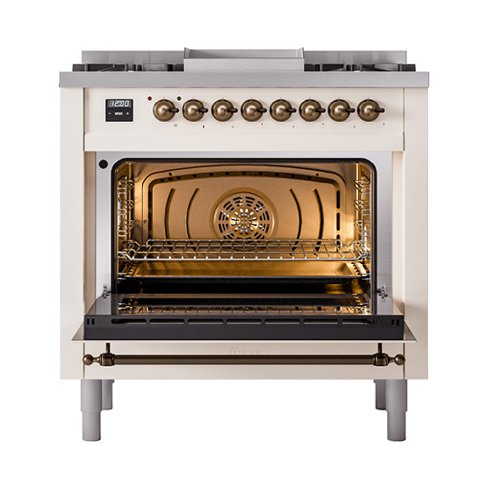 ILVE Nostalgie II Noblesse 36-Inch Natural Gas Dual Fuel Range and Solid Door Oven in Antique White with Burnished Bronze Trim (UN36FQNMPAWB)
