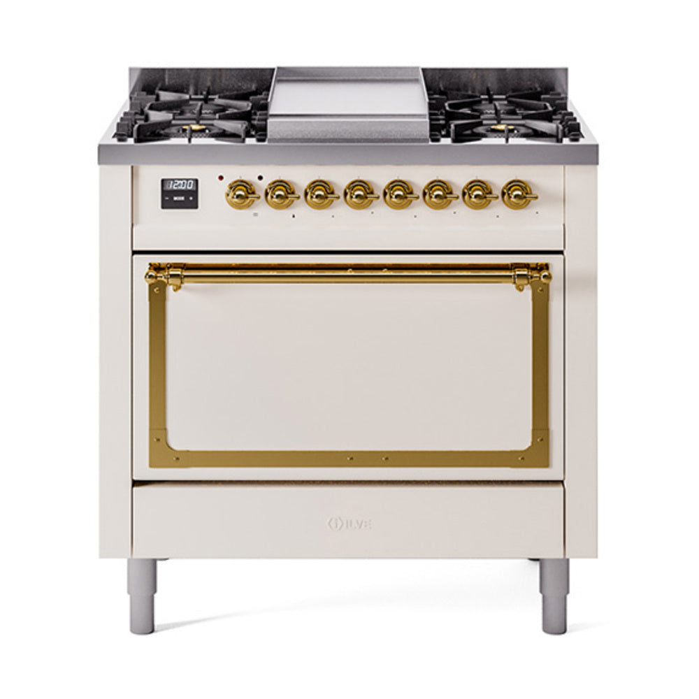 ILVE Nostalgie II Noblesse 36-Inch Natural Gas Dual Fuel Range and Solid Door Oven in Antique White with Brass Trim (UN36FQNMPAWG)