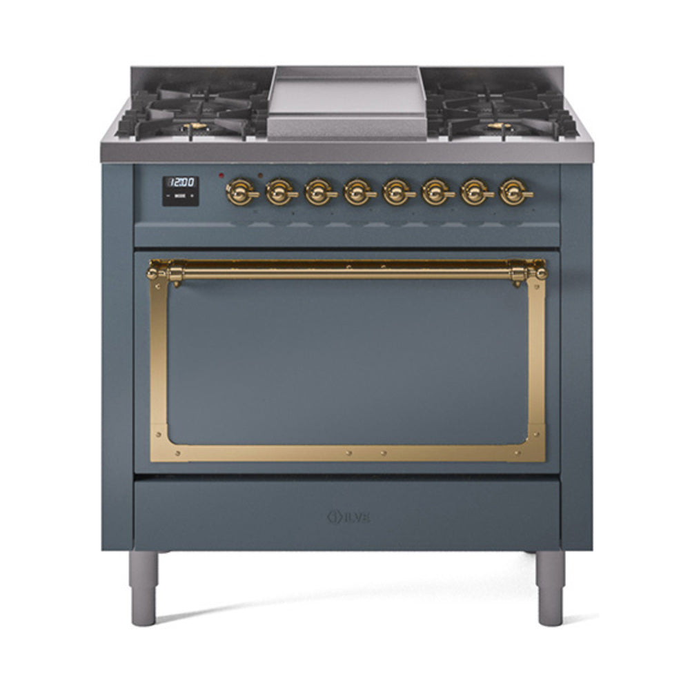 ILVE Nostalgie II Noblesse 36-Inch Propane Gas Dual Fuel Range and Solid Door Oven in Midnight Blue with Brass Trim (UN36FQNMPMBGLP)