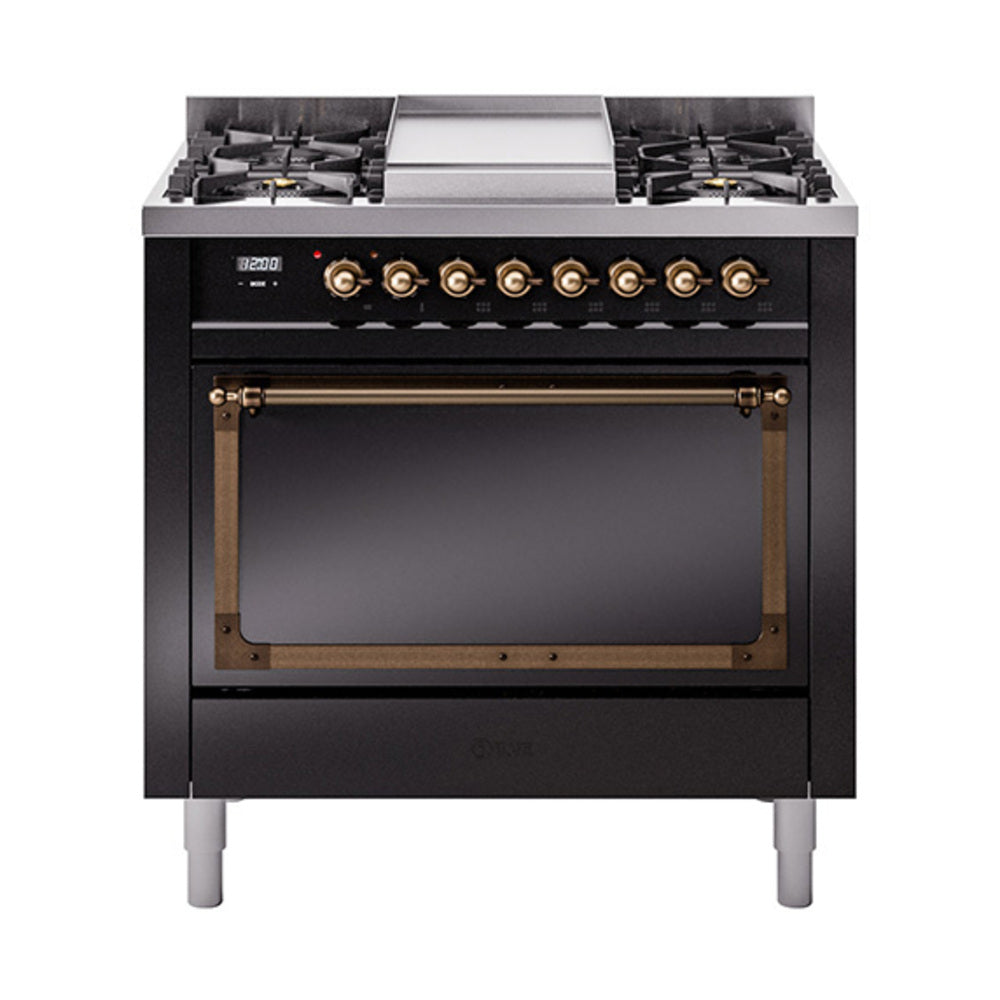 ILVE Nostalgie II Noblesse 36-Inch Propane Gas Dual Fuel Range, Solid Door Oven, Glossy Black with Burnished Bronze Trim (UN36FQNMPBKBLP)
