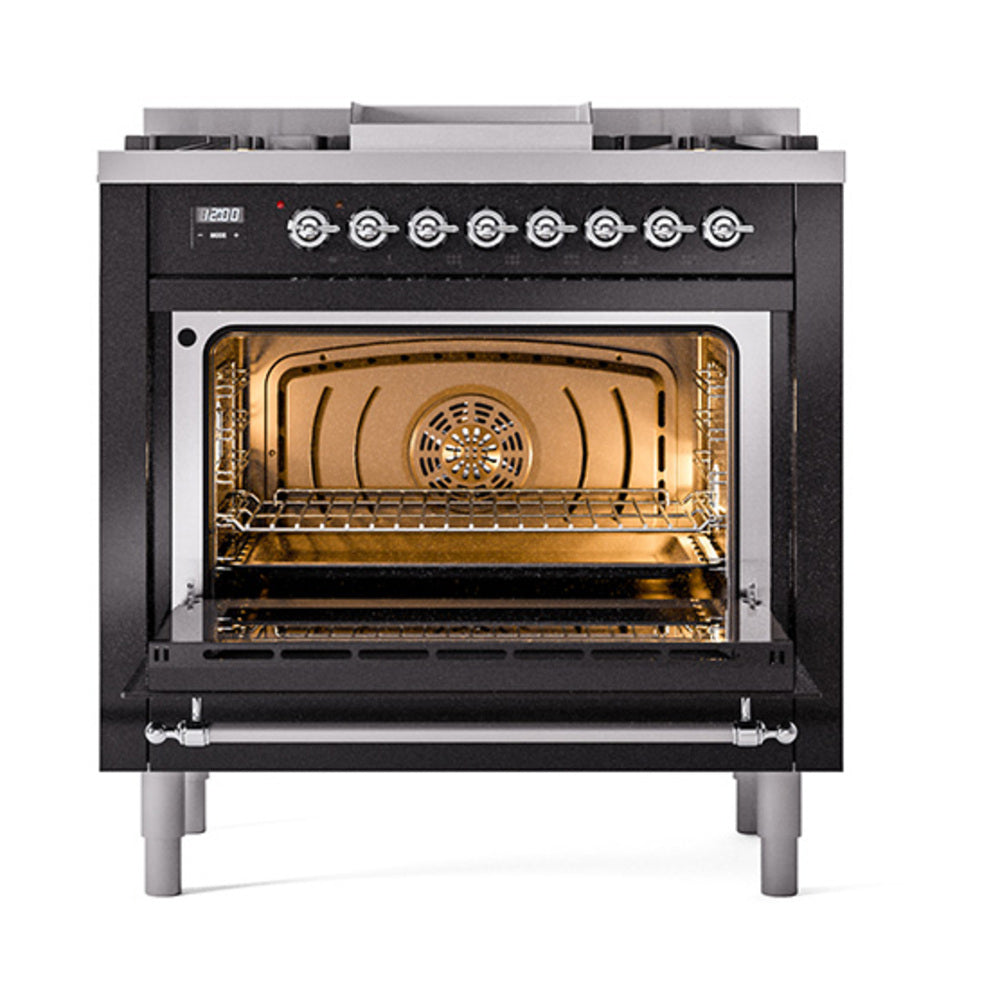 ILVE Nostalgie II Noblesse 36-Inch Natural Gas Dual Fuel Range and Solid Door Oven in Glossy Black with Chrome Trim (UN36FQNMPBKC)
