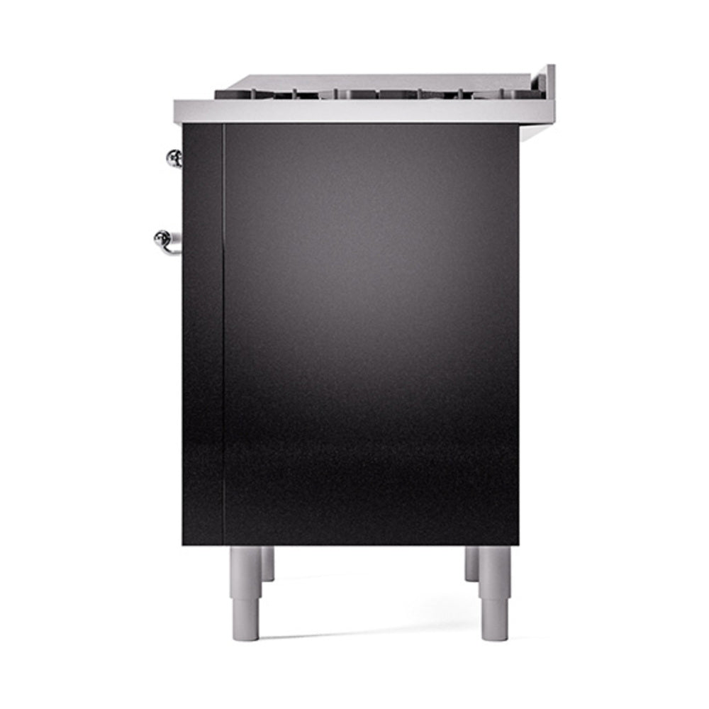 ILVE Nostalgie II Noblesse 36-Inch Natural Gas Dual Fuel Range and Solid Door Oven in Glossy Black with Chrome Trim (UN36FQNMPBKC)
