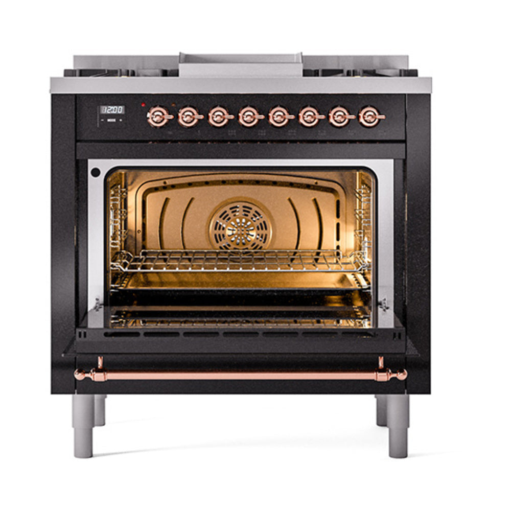 ILVE Nostalgie II Noblesse 36-Inch Natural Gas Dual Fuel Range and Solid Door Oven in Glossy Black with Copper Trim (UN36FQNMPBKP)