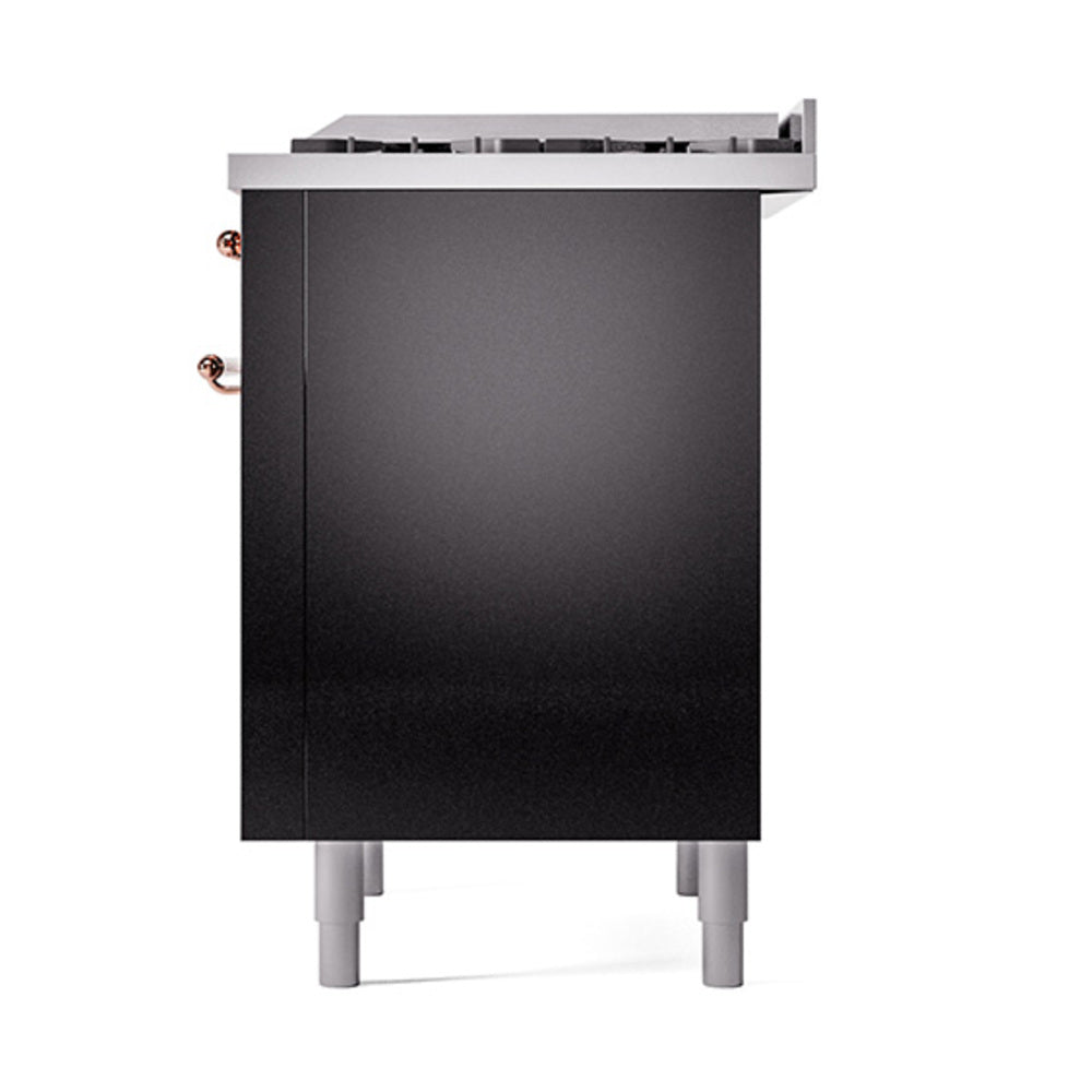 ILVE Nostalgie II Noblesse 36-Inch Natural Gas Dual Fuel Range and Solid Door Oven in Glossy Black with Copper Trim (UN36FQNMPBKP)