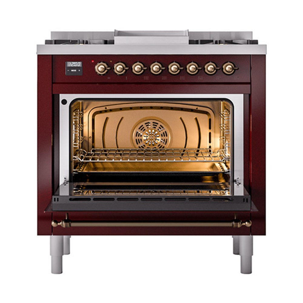 ILVE Nostalgie II Noblesse 36-Inch Propane Gas Dual Fuel Range and Solid Door Oven in Burgundy with Burnished Bronze Trim (UN36FQNMPBUBLP)
