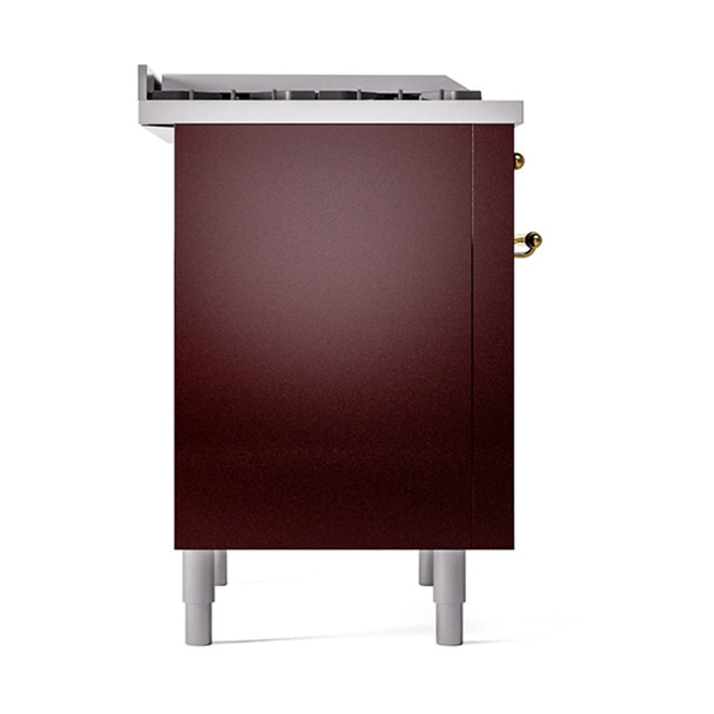 ILVE Nostalgie II Noblesse 36-Inch Natural Gas Dual Fuel Range and Solid Door Oven in Burgundy with Brass Trim (UN36FQNMPBUG)